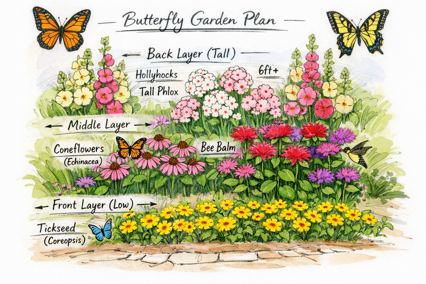 Hosta King Perennial Butterfly Garden Starter Mix: 3 Coneflowers, 3 Hollyhock, 3 Monarda, 3 Coreopis, 3 Tall Phlox.