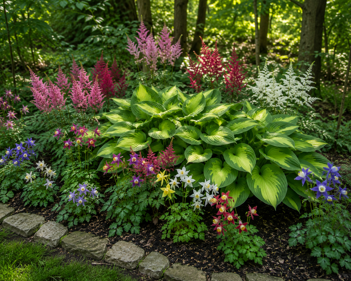 Layered Shade Garden: 2-Pack Captain Kirk Hosta, 6-Pack Mixed Columbine and 3-Pack Mixed Astilbe for Season-Long Interest.