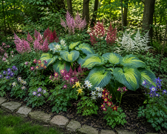Layered Shade Garden: 2-Pack Brother Stefan Hosta, 6-Pack Mixed Columbine and 3-Pack Mixed Astilbe for Season-Long Interest.