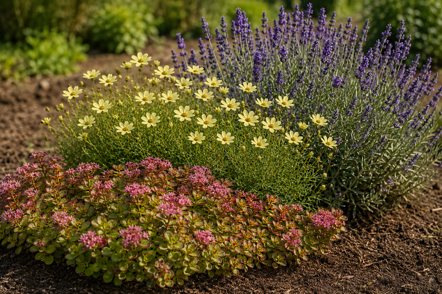 Summer Dream Trio: 3-Pack 'Lime Zinger' Sedum, 3-Pack 'Moonbeam' Coreopsis, 3-Pack English Lavender. All Love Sun.