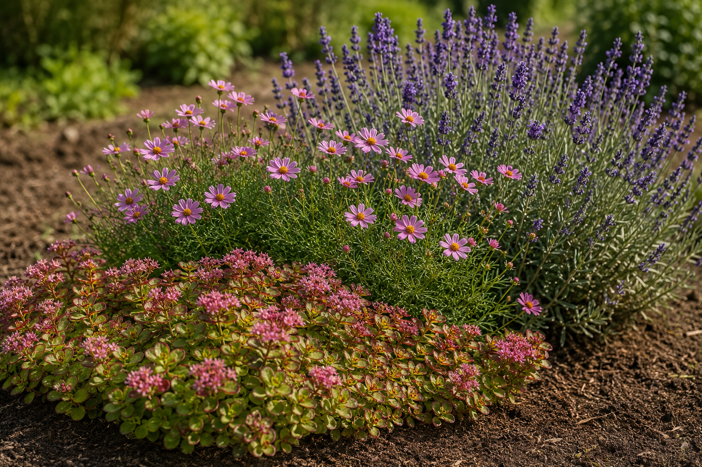 Summer Dream Trio: 3-Pack 'Lime Zinger' Sedum, 3-Pack 'American Dream' Coreopsis, 3-Pack English Lavender. All Love Sun.